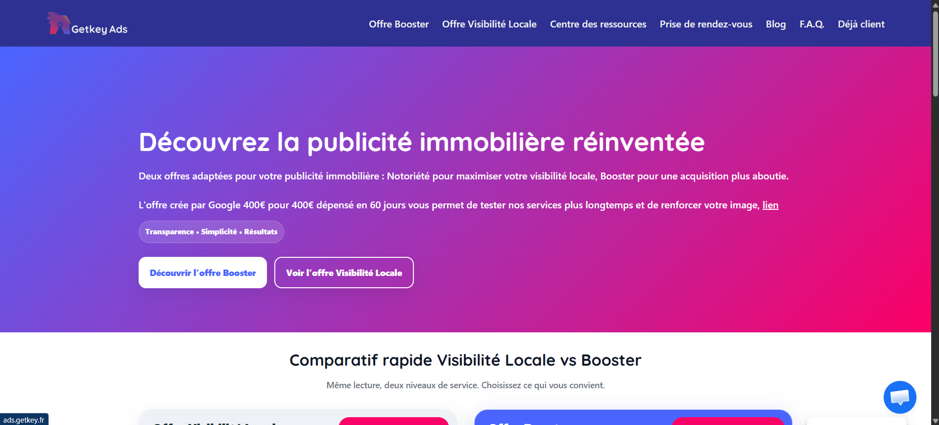 Hero du site Getkey Ads sur desktop