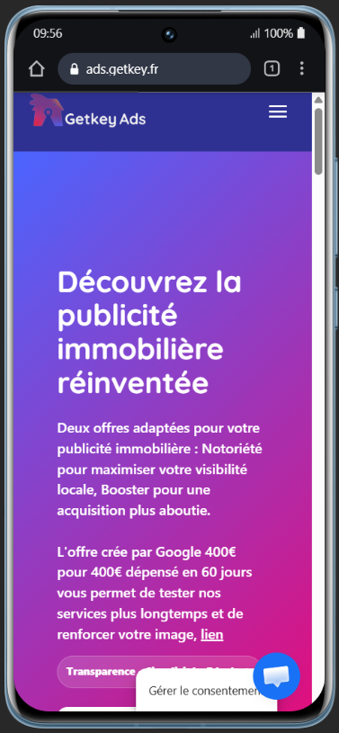 Hero du site Getkey Ads sur mobile