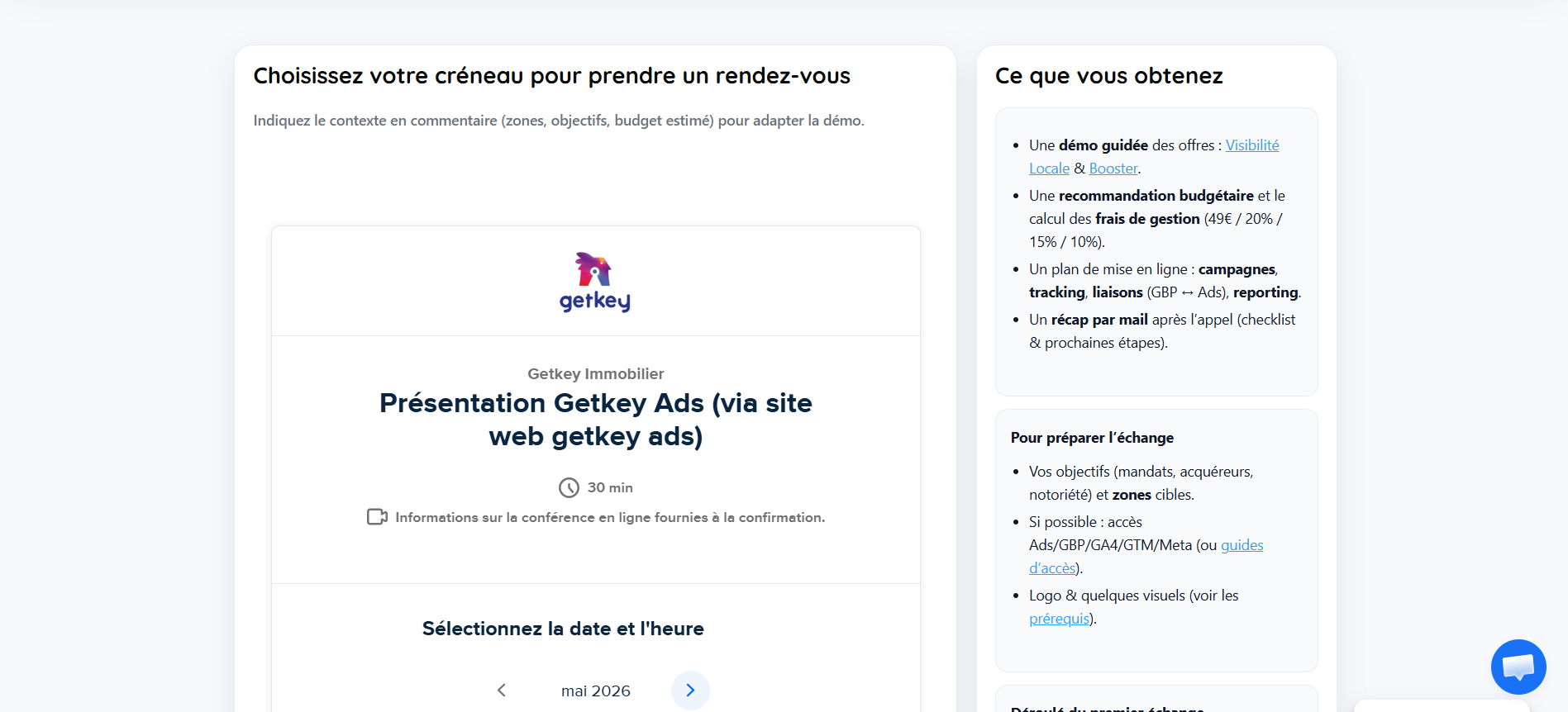Page de prise de rendez-vous Getkey Ads